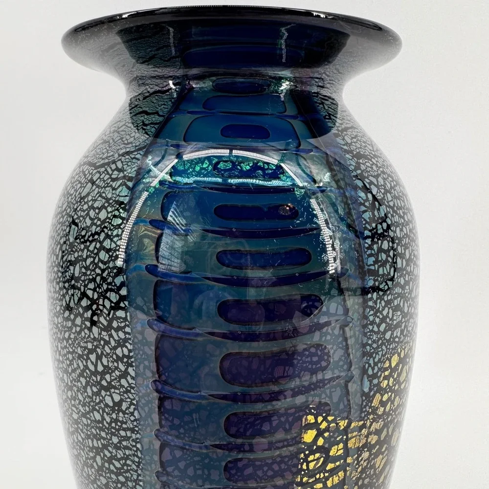 Robert Eickholt Signed Studio Art Glass Vase Blue Gold Leaf Iridescent Crackle